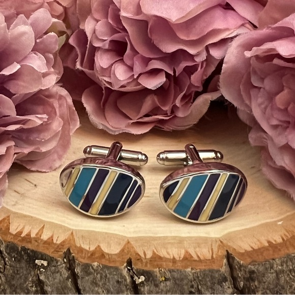 Oval Navy, Blue, Silver and Yellow Stripe Cufflinks - Picture 3 of 16